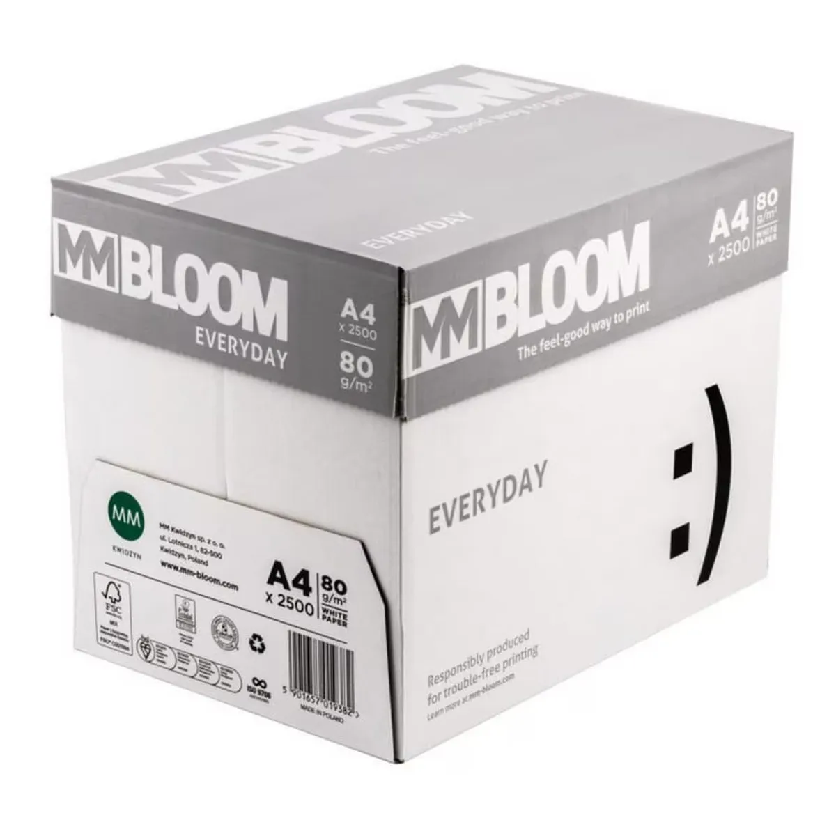 Копирна хартия Bloom Essential, А4, 80 г, бяла, CIE белота 146, PEFC, кашон 5 пакета х 500 л.