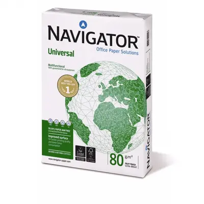 Корица на „Копирна хартия NAVIGATOR Universal, А4, 80 г, бяла, CIE белота 169, FSC, пакет 500 л."