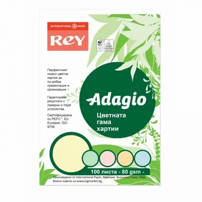 Корица на „Копирна хартия REY Adagio, A4, 80 г, микс 5 пастелни цвята, пакет 100 л."