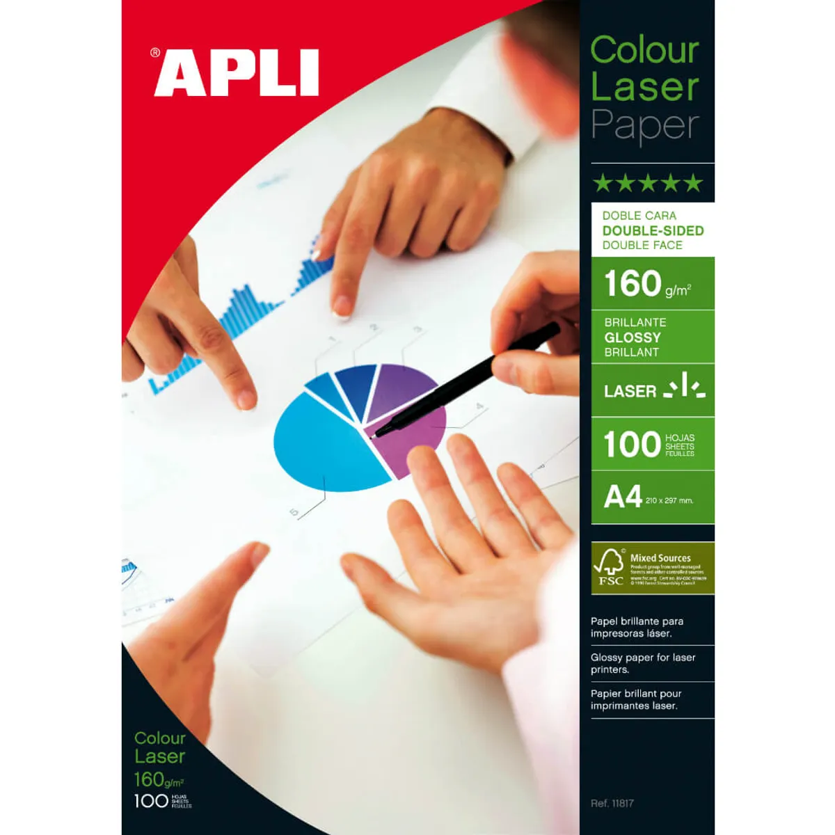 Фотохартия APLI 11817, гланц, двустранна, А4, 160 г, за лазерен принтер, пакет 100 л.