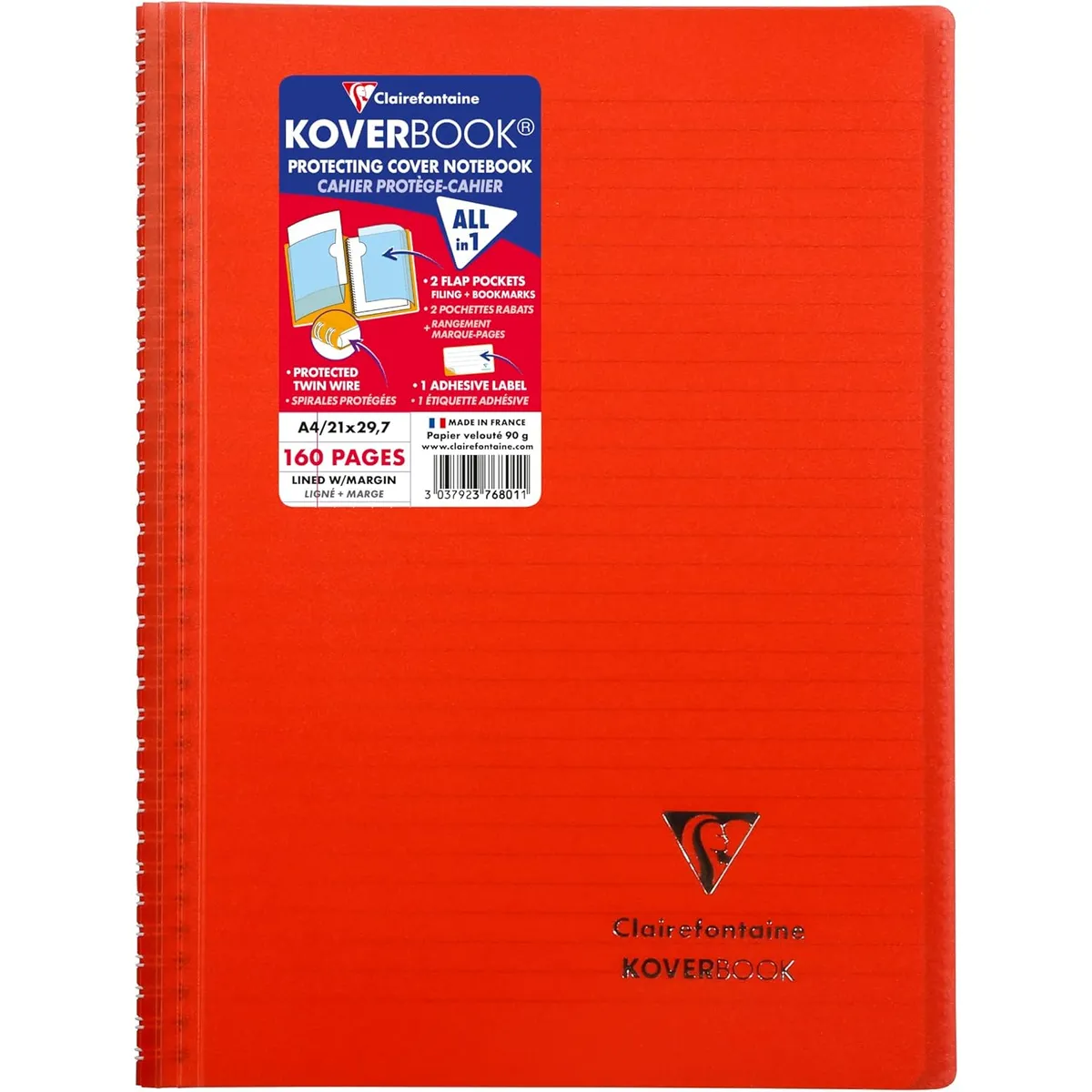 Тетрадка със спирала Clairefontaine Koverbook, А4+, 80 л., линиран офсет 90 г, PP подвързия, червена