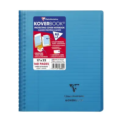 Корица на „Тетрадка със спирала Clairefontaine Koverbook, А5+, 80 л., линиран офсет 90 г, PP подвързия, синя"