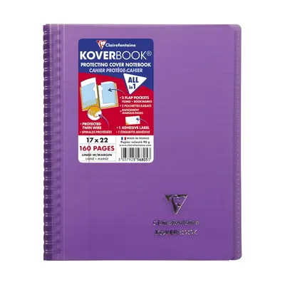 Корица на „Тетрадка със спирала Clairefontaine Koverbook, А5+, 80 л., линиран офсет 90 г, PP подвързия, лилава"