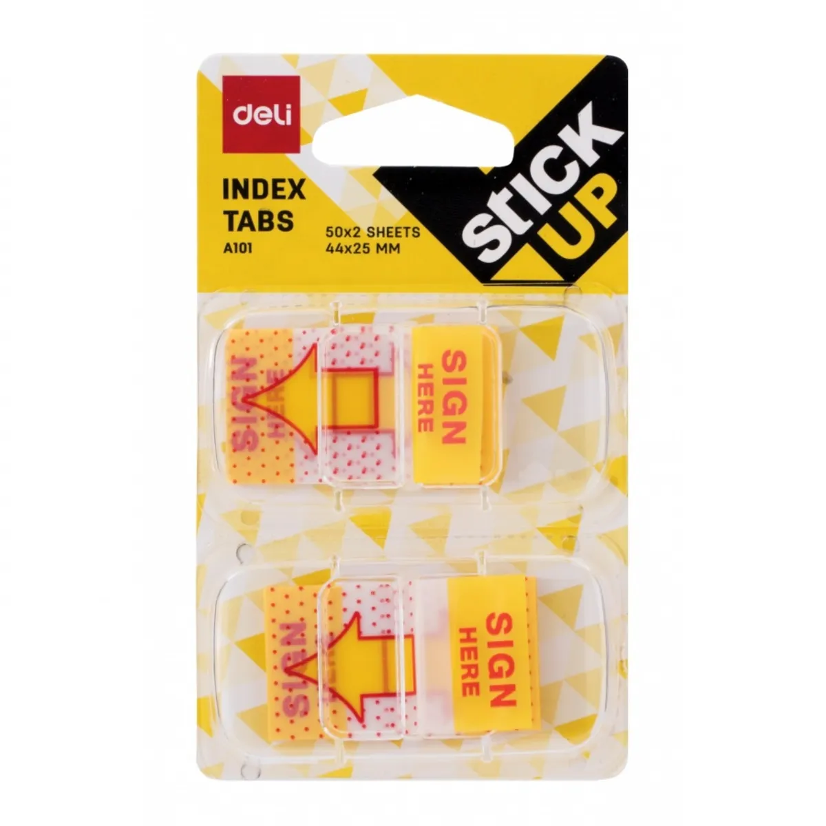 Самозалепващи индекси с диспенсър Deli Stick Up "Подпиши тук" EA10101, PVC, 44x25 мм, 2х50 л., жълти