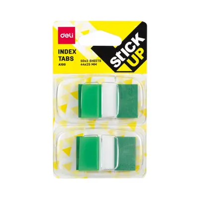 Корица на „Самозалепващи индекси с диспенсър Deli Stick Up EA10001, PVC, 25х44 мм, 2х50 л., неоново зелени"