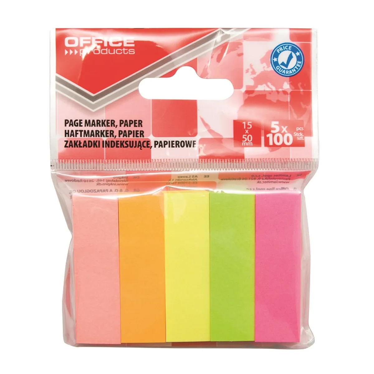 Самозалепващи индекси OFFICE PRODUCTS, хартиени, 15х50 мм, 5х100 л., микс, неонови