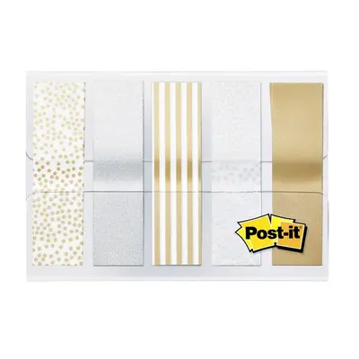 Корица на „Самозалепващи индекси с печат Post-it Gold Metallic, PVC, 11.9х43.2 мм, 4х25 л., сребристи/златисти"
