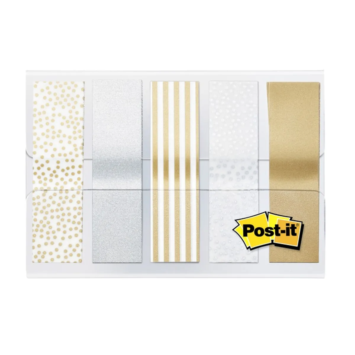 Самозалепващи индекси с печат Post-it Gold Metallic, PVC, 11.9х43.2 мм, 4х25 л., сребристи/златисти