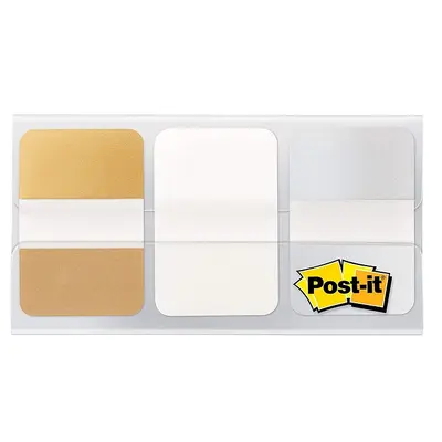 Корица на „Самозалепващи индекси Post-it Tabs Metal, твърди, PVC, 25.4х38 мм, 3х12 л., сребристи/златисти/бели"