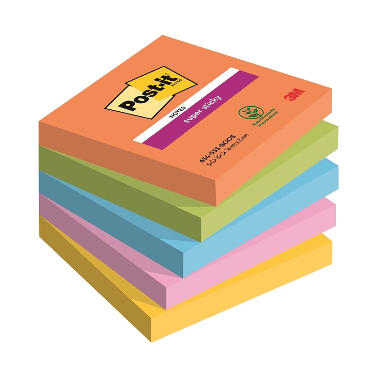 Самозалепващи листчета Post-it Super Sticky Boost, 76х76 мм, 5х90 л., микс, PEFC хартия
