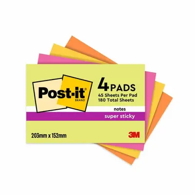 Корица на „Самозалепващи листчета Post-it SuperSticky, 203х152 мм, 4x45л., микс, неонови, PEFC хартия"