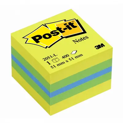 Корица на „Самозалепващо мини кубче Post-it Lemon, 51х51 мм, 400 л., микс 3 цвята, неоново, PEFC хартия"