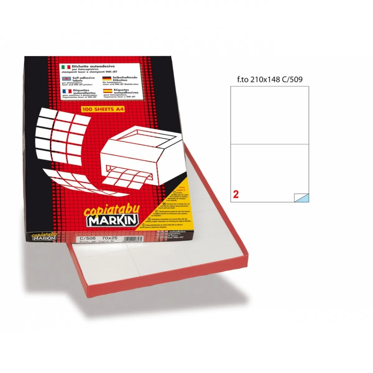 Самозалепващи етикети MARKIN Laser/Copier/Inkjet, бели, А4, 210x148.5мм, 2 бр./л., 100л.