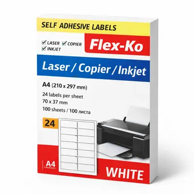 Корица на „Самозалепващи етикети Flex-Ko Laser/Copier/Inkjet , бели, A4, 70x37 мм, 24 бр/л., 100 л."