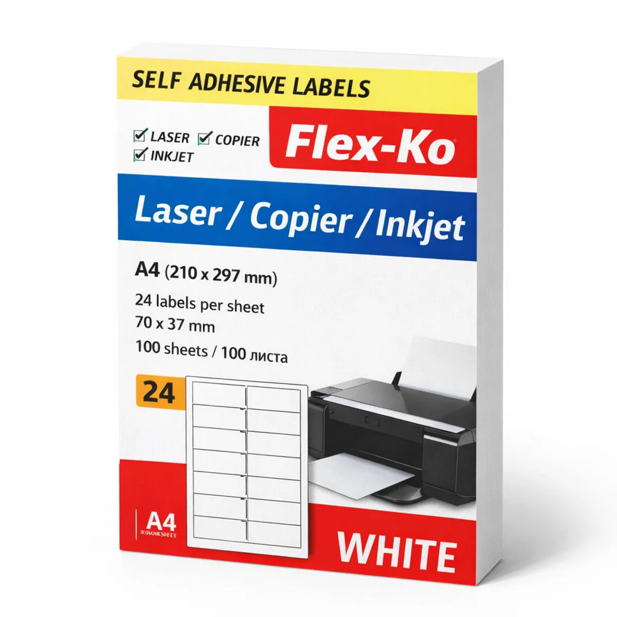 Самозалепващи етикети Flex-Ko Laser/Copier/Inkjet , бели, A4, 70x37 мм, 24 бр/л., 100 л.