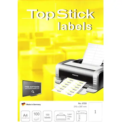 Корица на „Самозалепващи етикети TopStick 8721 Laser/Copier/Inkjet, бели,  А4, 7 бр/л., 192х38 мм, 100л."