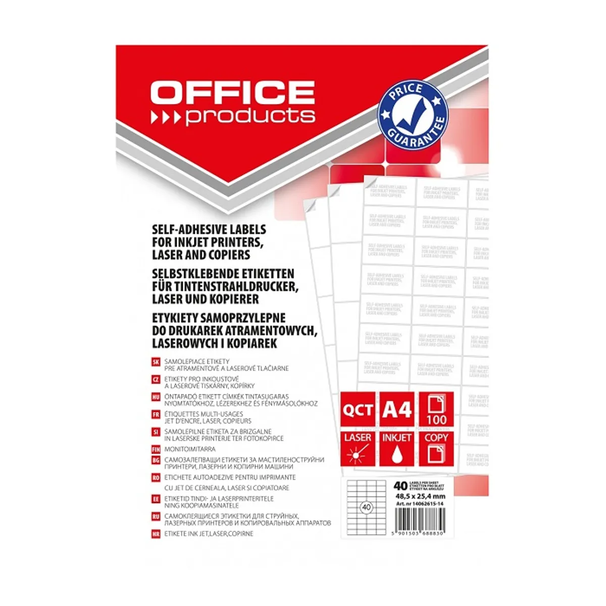 Самозалепващи етикети OFFICE PRODUCTS Laser/Copier/Inkjet, бели, А4, 48.5х25.4 мм, 40 бр./л., 100 л.
