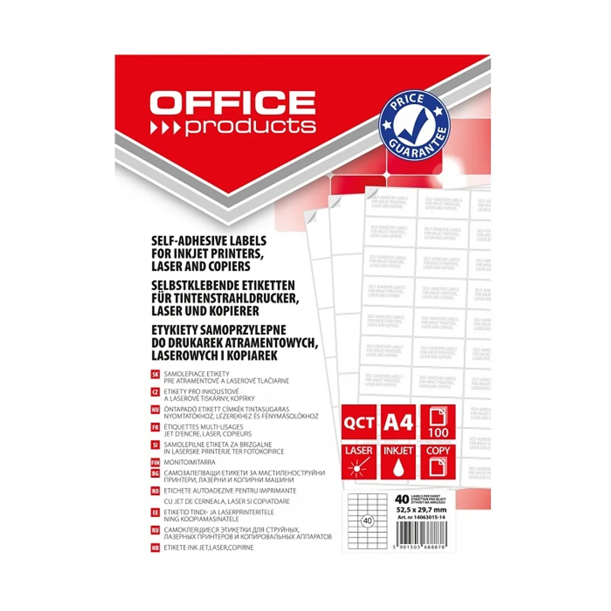 Самозалепващи етикети OFFICE PRODUCTS Laser/Copier/Inkjet, бели, А4, 52.5х29.7 мм, 40 бр./л., 100 л.