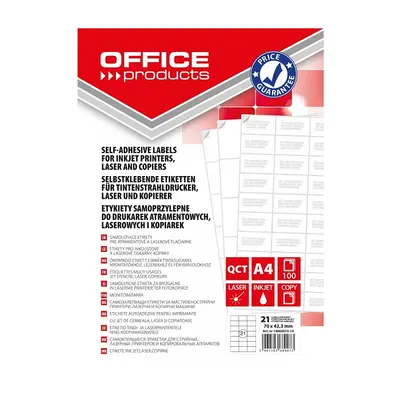 Корица на „Самозалепващи етикети OFFICE PRODUCTS Laser/Copier/Inkjet, бели, А4, 70х42.3 мм, 21 бр./л., 100 л."