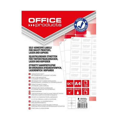 Корица на „Самозалепващи етикети OFFICE PRODUCTS Laser/Copier/Inkjet, бели, А4, 105х74 мм, 8 бр./л., 100 л."