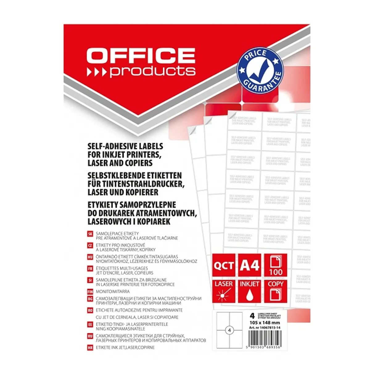 Самозалепващи етикети OFFICE PRODUCTS Laser/Copier/Inkjet, бели, А4, 105х148 мм, 4 бр./л.,100 л.