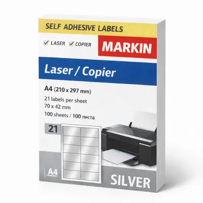 Корица на „Самозалепващи етикети MARKIN Laser/Copier/, сребристи, А4, 70х42 мм, 21 бр./л., 100 л."