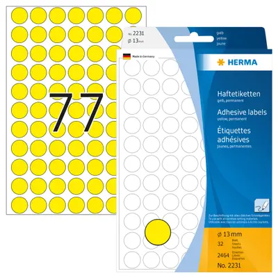 Корица на „Самозалепващи етикети Herma, за ръчно надписване, 2231, жълти , ф13 мм, 77 етикета/л., 32 л."