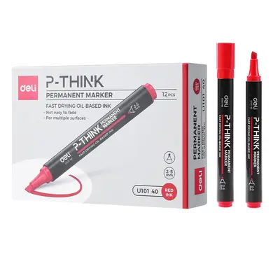 Корица на „Перманентен маркер Deli P-THINK EU10140, скосен връх 1.5-5 мм, червен"