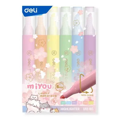 Корица на „Комплект текстмаркери Deli MiYou EU12-6C, скосен връх 1-4 мм, 6 цвята пастел"