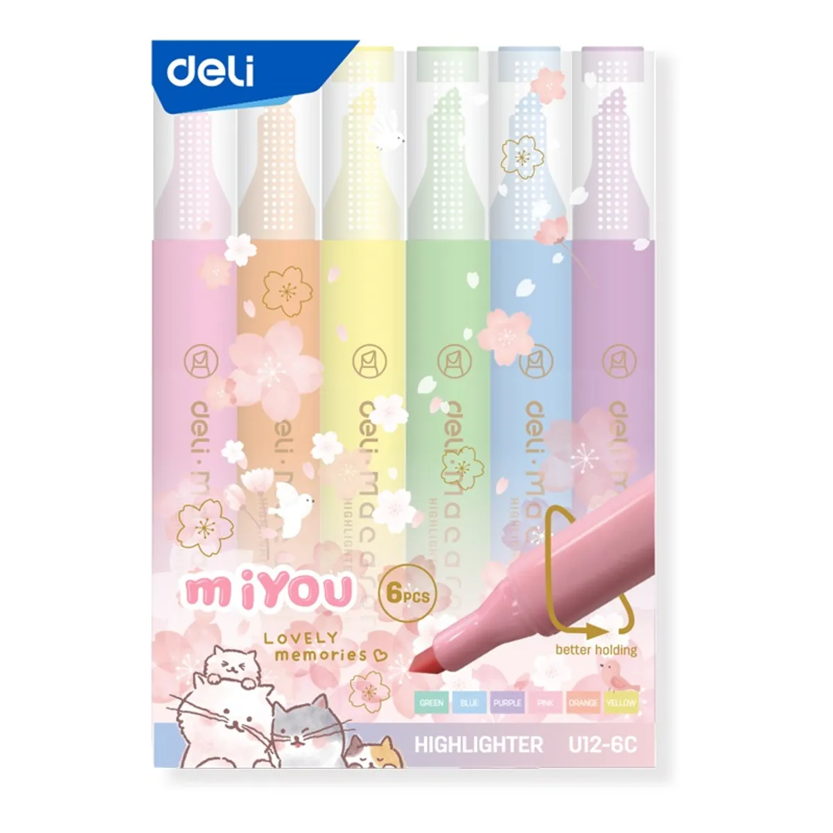 Комплект текстмаркери Deli MiYou EU12-6C, скосен връх 1-4 мм, 6 цвята пастел