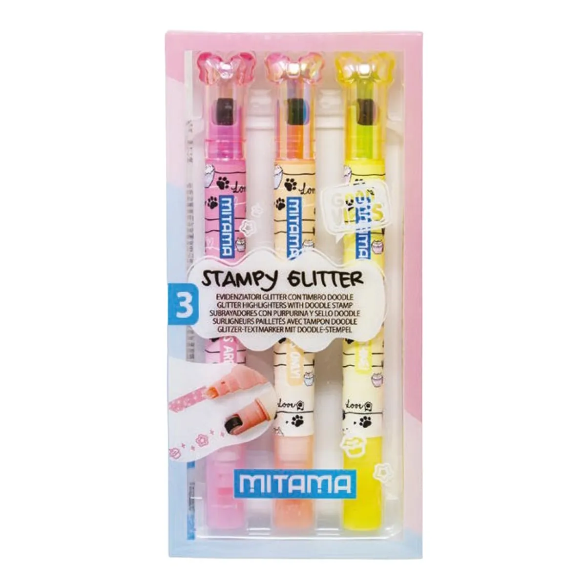Текстмаркери-печати MITAMA Stampy Glitter, 3 цвята, опаковка 3 бр.
