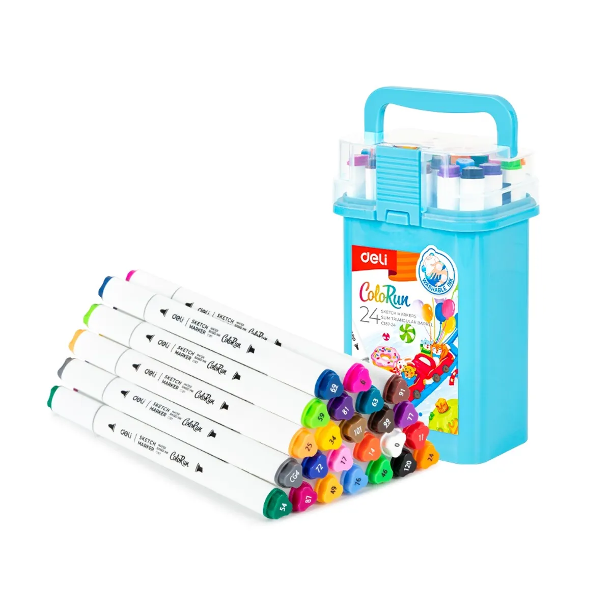 Sketch маркери Deli ColoRun EC187-24, объл връх 1 мм, скосен връх 5 мм, 24 цвята
