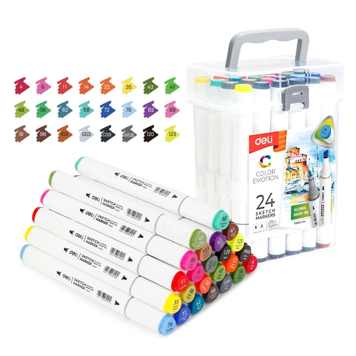Sketch маркери Deli Color Emotion E70803-24, объл връх 1 мм, скосен връх 7 мм, 24 цвята