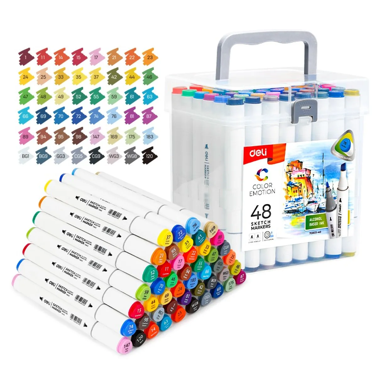 Sketch маркери Deli Color Emotion E70803-48, объл връх 1 мм, скосен връх 7 мм, 48 цвята