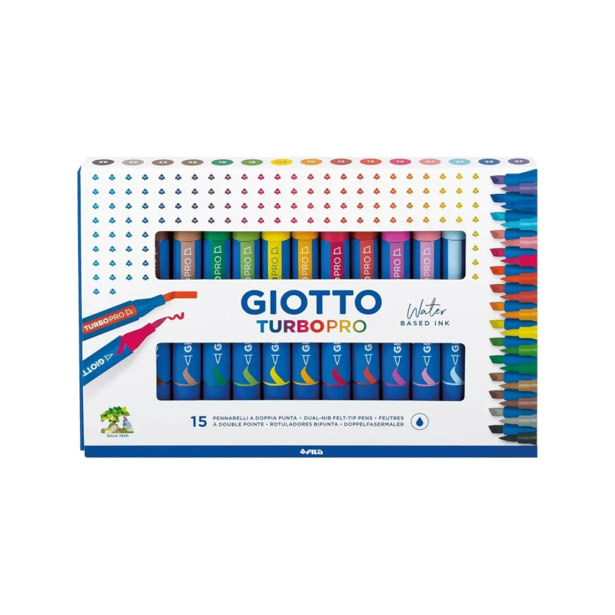 Акварелни двувърхи маркери GIOTTO Turbo Pro, четка и скосен връх, 15 цвята