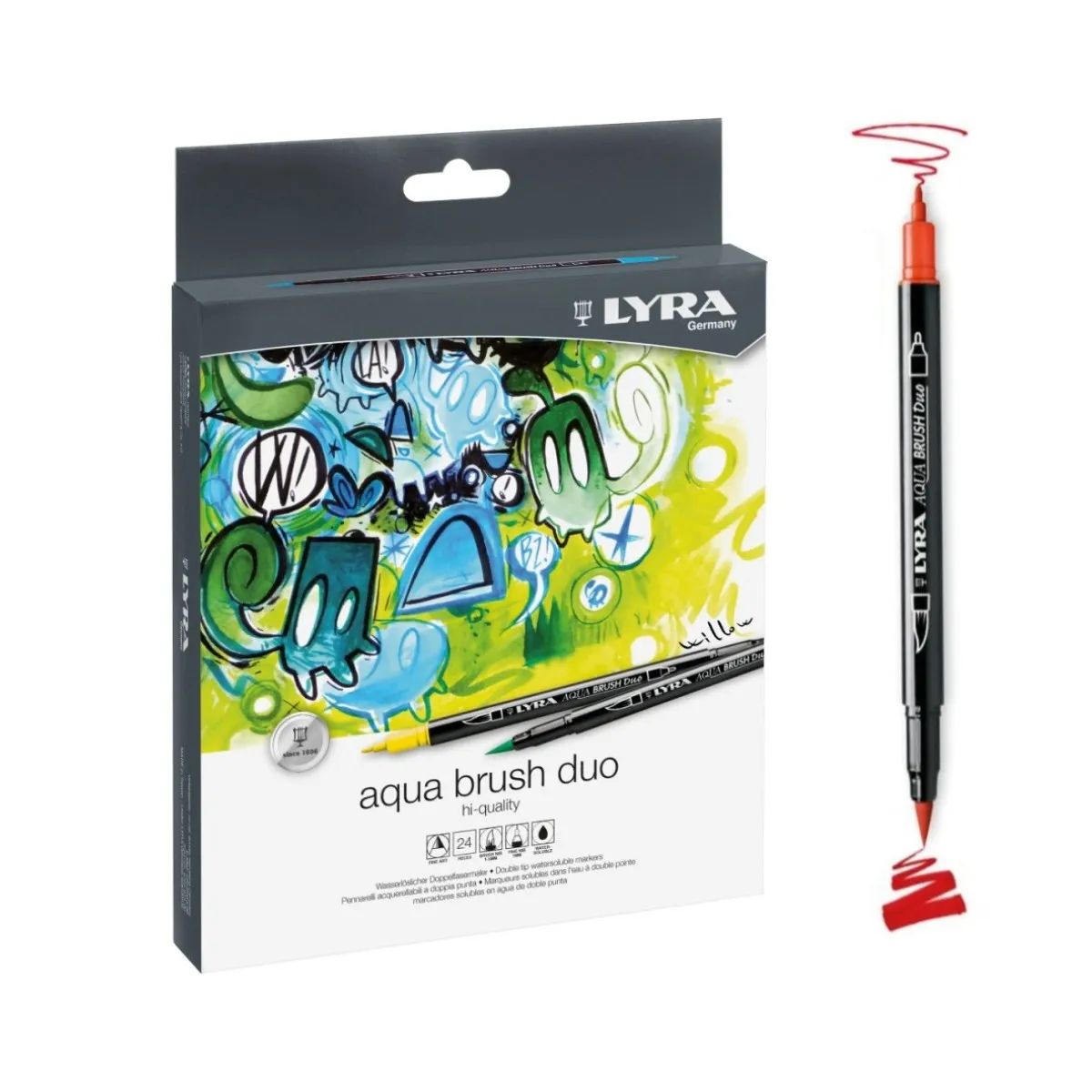 Акварелни двувърхи маркери LYRA aqua brush duo, объл връх и четка, 24 цвята