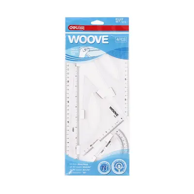 Корица на „Комплект Deli Woove EH13, линия 30 см, 2 триъгълника и транспортир, сини"