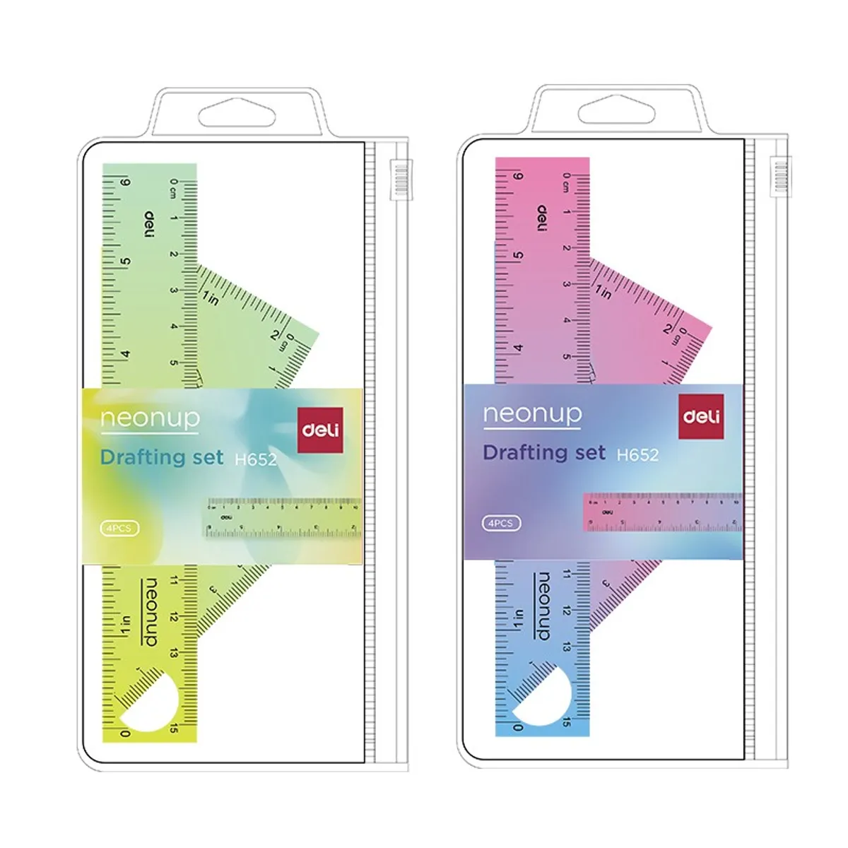 Комплект за чертане Deli Neonup EH652, линия 15 см, 2 триъгълника, транспортир, цветни