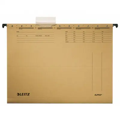 Корица на „Висяща папка за картотека LEITZ Alpha, 344х250 мм, без машинка, с метални шини, картон 210 г, кафява"