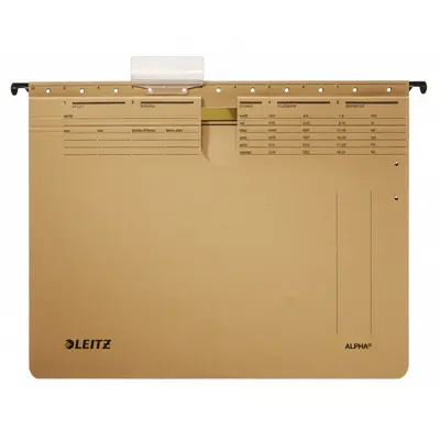 Корица на „Висяща папка за картотека LEITZ Alpha, 344х250 мм, с машинка, с метални шини, картон 210 г, крафт"