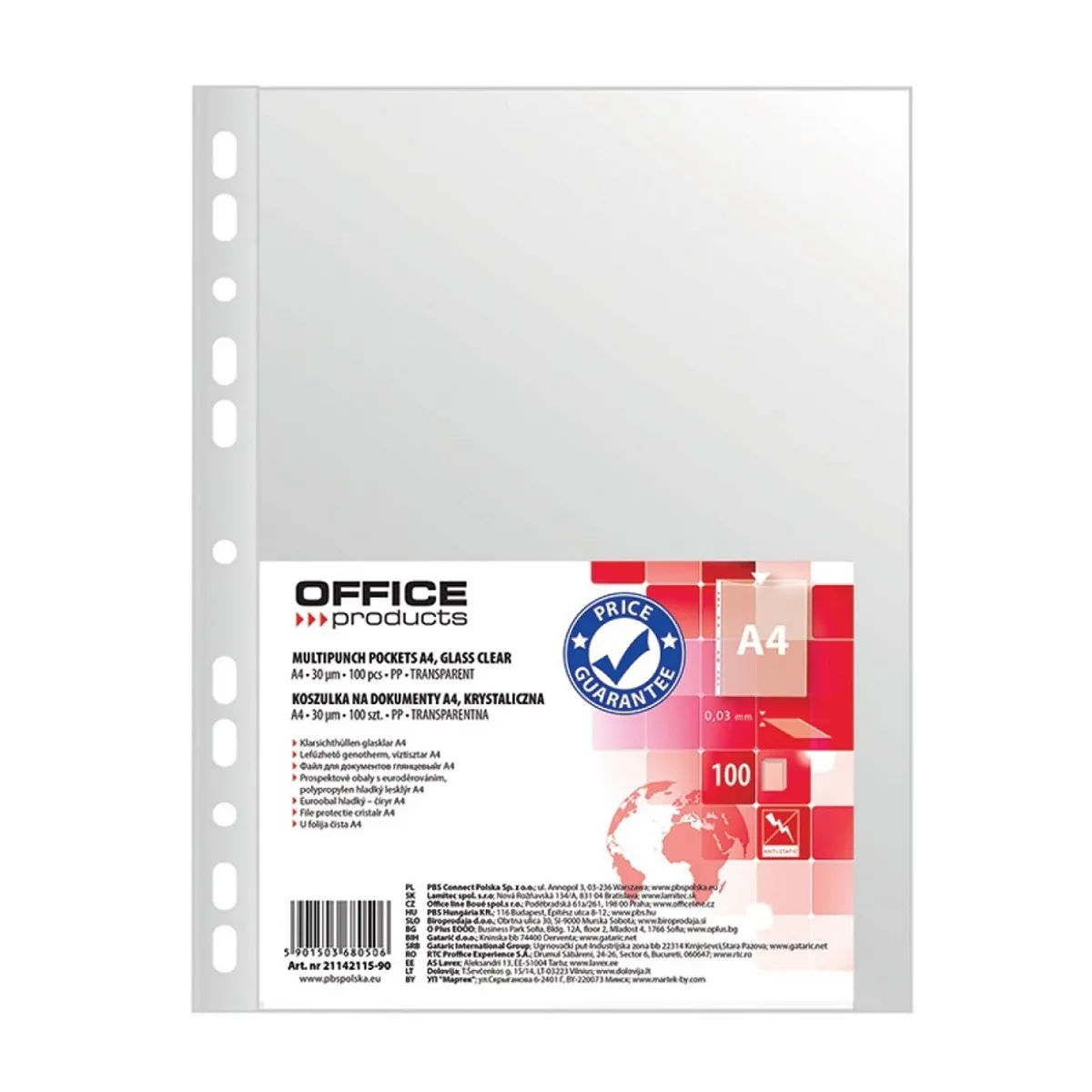 Джоб с европерфорация OFFICE PRODUCTS, A4, РР 30 mic, кристал, 100 бр.