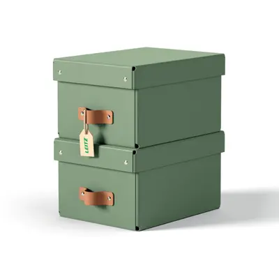 Корица на „Кутия за съхранение LEITZ Puro, с капак, small, 200х150х280 мм, рециклиран картон, зелена"