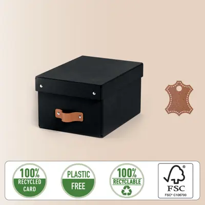 Корица на „Кутия за съхранение LEITZ Puro, с капак, small, 200х150х280 мм, рециклиран картон, черна"