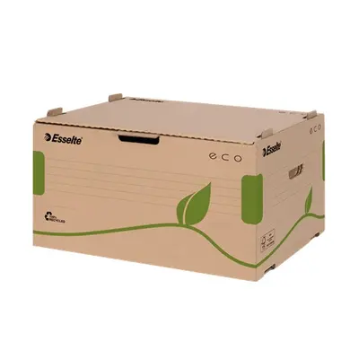 Корица на „Архивен кашон Esselte Eco, 440х340х250 мм, странично отваряне, рециклирано велпапе, дръжки, кафяв"