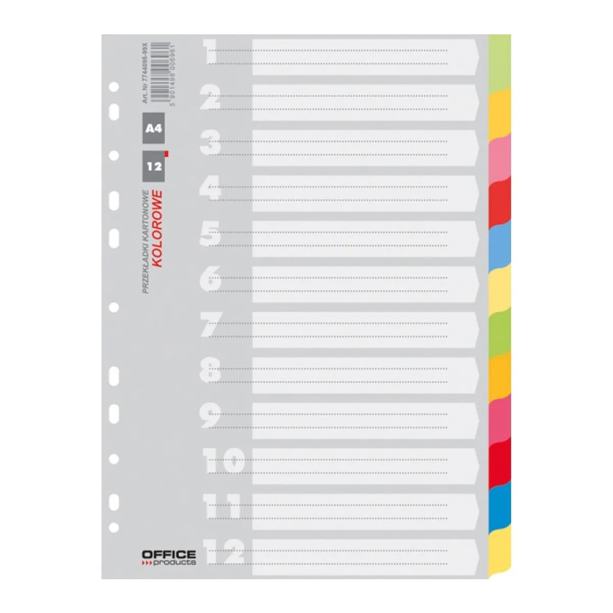 Цветен разделител OFFICE PRODUCTS, 12 теми, картон 170 г, A4