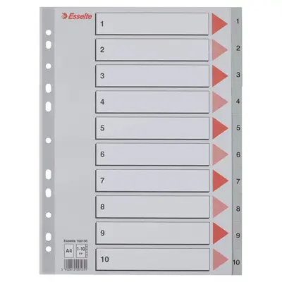 Корица на „Разделител Esselte 1-10, PP 120 mic, A4, сив, подсилена европерфорация, лицева страница"