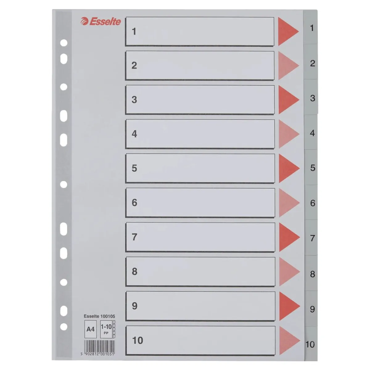 Разделител Esselte 1-10, PP 120 mic, A4, сив, подсилена европерфорация, лицева страница
