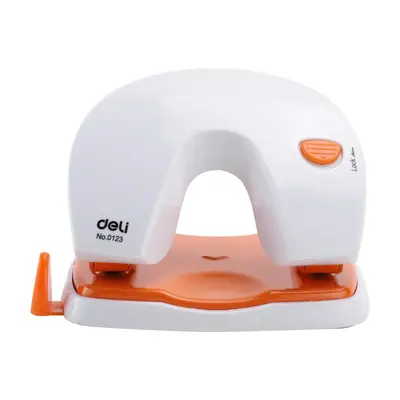 Корица на „Перфоратор Deli Vivid, E0123, за 20 л.(80 г), с ограничител, пластмаса + метал, бял/оранжев"