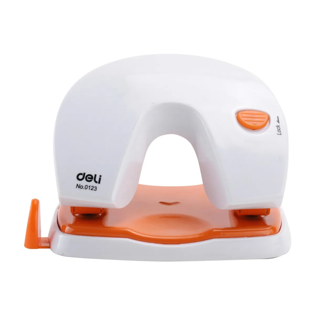 Перфоратор Deli Vivid, E0123, за 20 л.(80 г), с ограничител, пластмаса + метал, бял/оранжев
