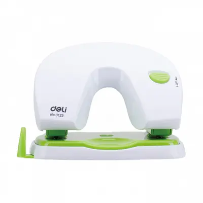 Корица на „Перфоратор Deli Vivid, E0123, за 20 л.(80 г), с ограничител, пластмаса + метал, бял/зелен"